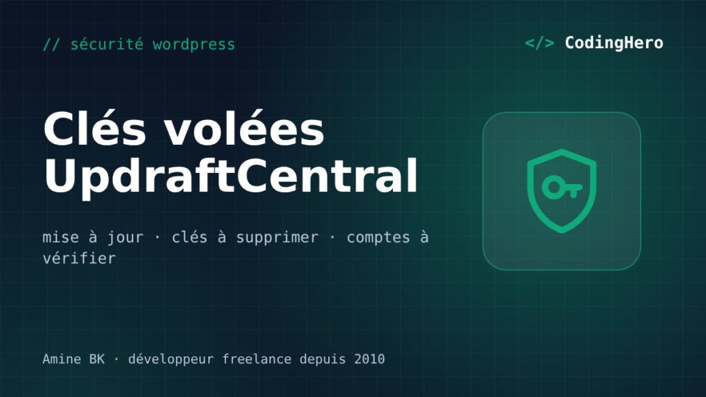 Illustration CodingHero : clés UpdraftCentral volées, checklist de sécurité pour les sites WordPress utilisant UpdraftPlus