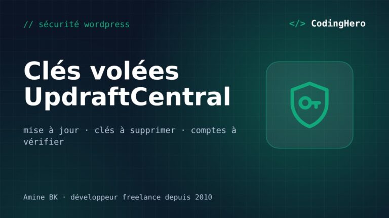 Illustration CodingHero : clés UpdraftCentral volées, checklist de sécurité pour les sites WordPress utilisant UpdraftPlus